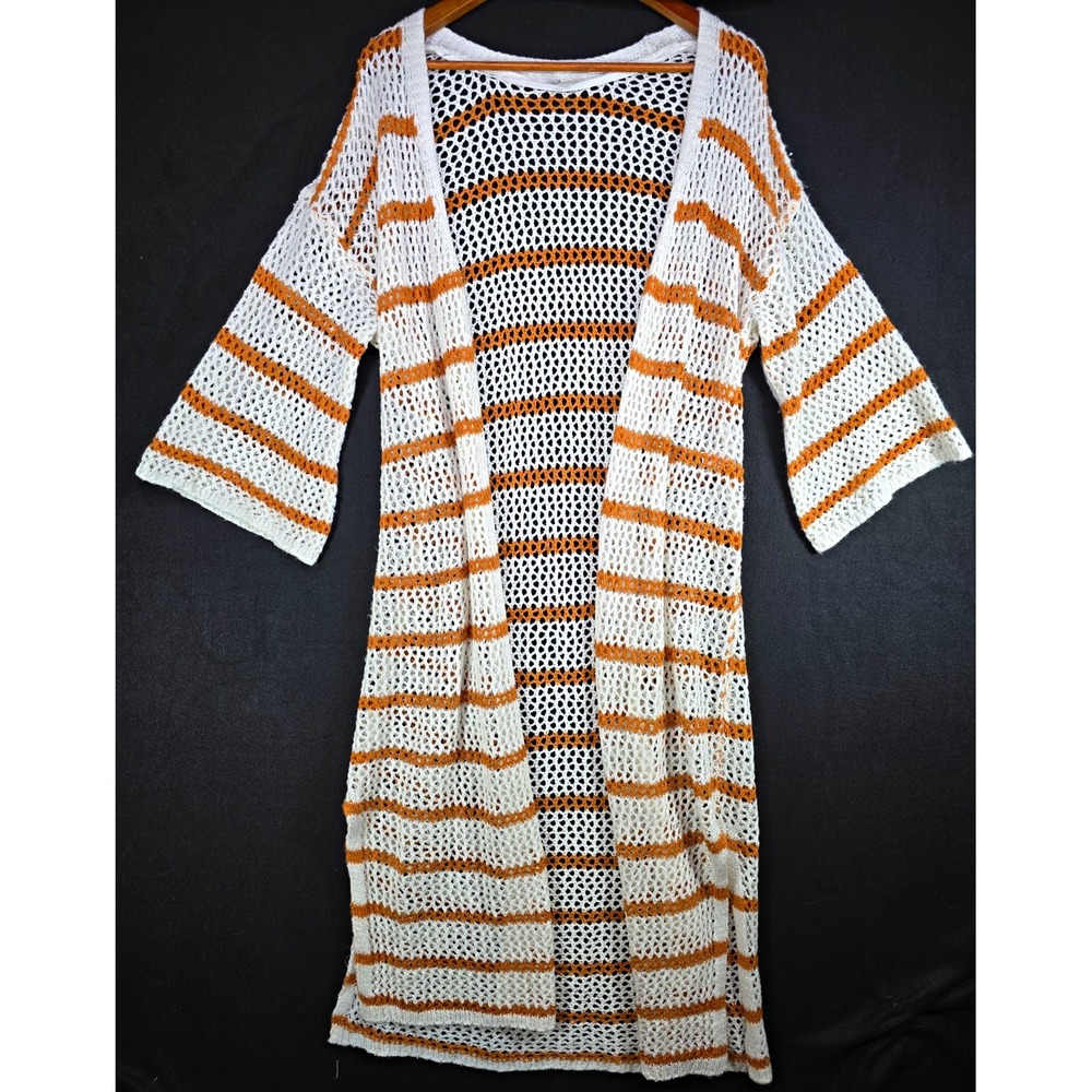 Cato Crochet Cardigan Womens XL White Orange Striped Open-Knit 3/4 Bell Sleeve